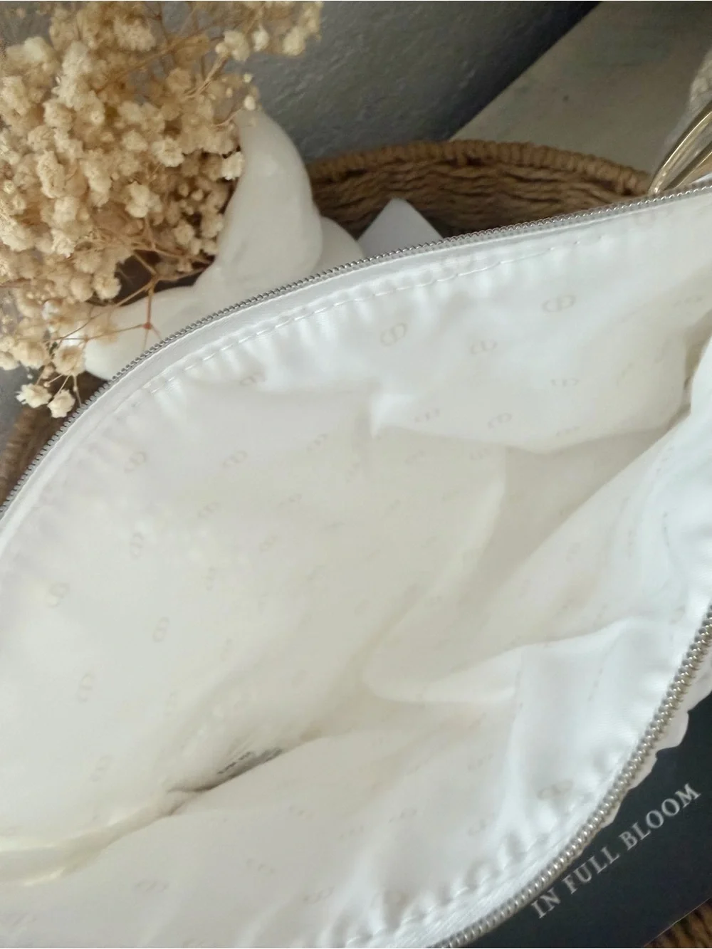 Dior Cream Woven Cosmetic Pouch with Yellow Embroidered Logo